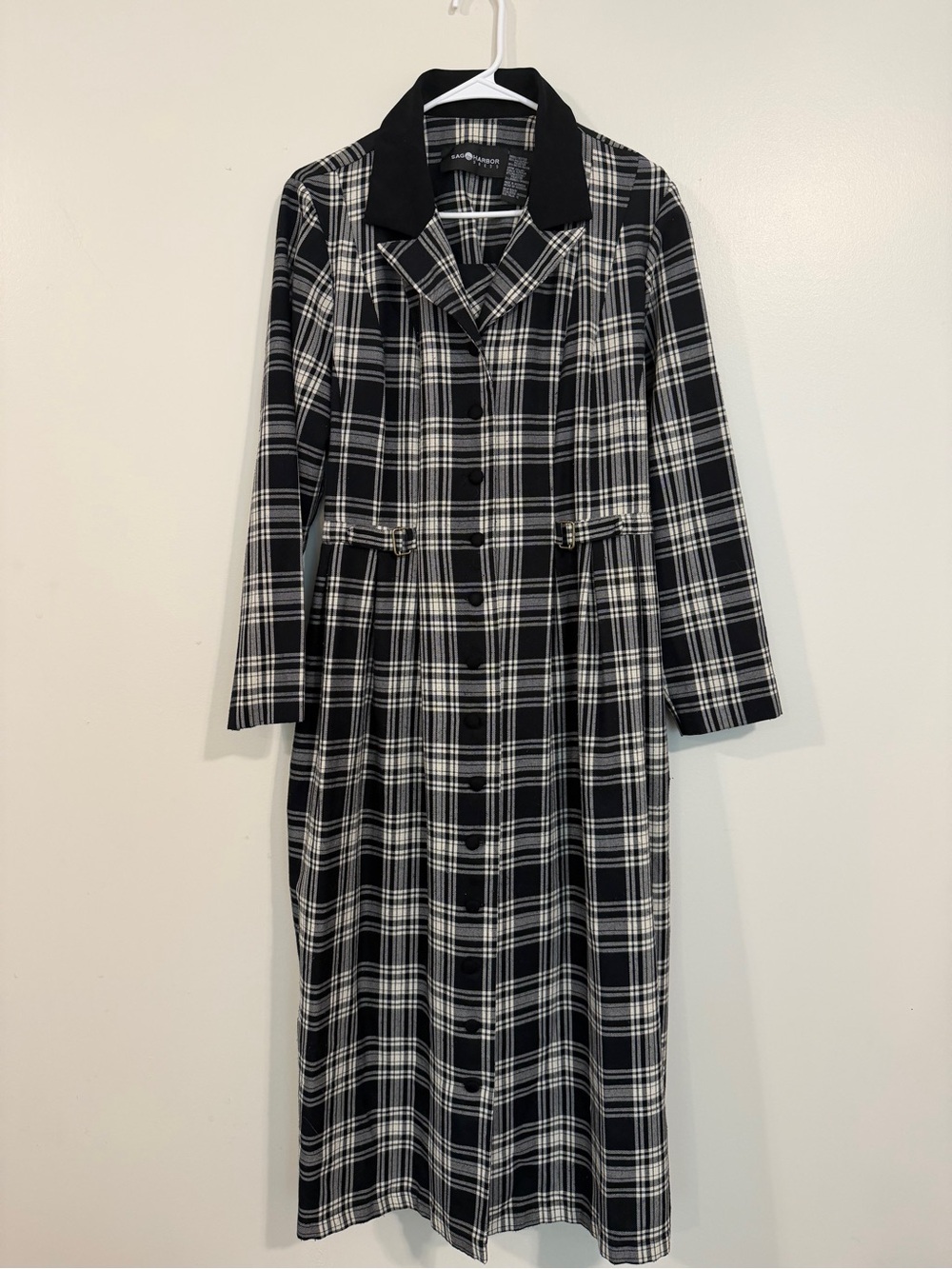 Sag Harbor Plaid Maxi Dress Womens 12 Black White Excellent Vintage Academia
